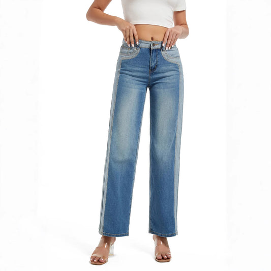 Damen weite Jeans mit hohem Bund und modischer Nahtführung Stalluxe