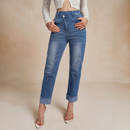 Damen elegante High-Waist Jeans mit modischem Used-Look Stalluxe