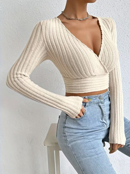 Damen Cropped Pullover mit V-Ausschnitt und raffiniertem Rippendesign Stalluxe
