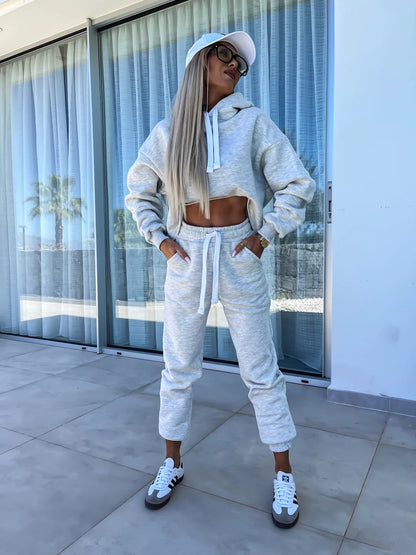 Damen bequemer Cropped Hoodie mit elastischem Bund und lässiger Jogginghose Set Stalluxe