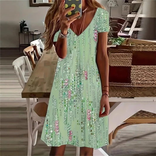 Damen Freizeitkleid mit schimmerndem Längsdesign und bequemen V-Ausschnitt Stalluxe