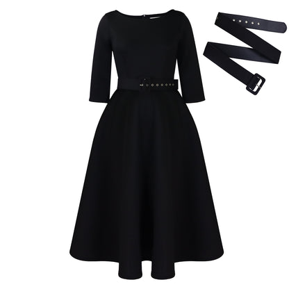 Damen Elegantes A-Linien Kleid mit Gürtel und ¾-Ärmeln Stalluxe