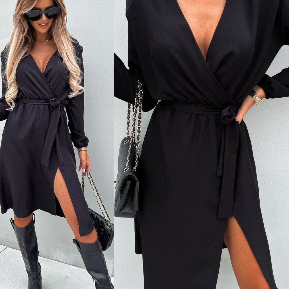 Damen Wickelkleid mit tiefem V-Ausschnitt und Rüschenärmel Stalluxe