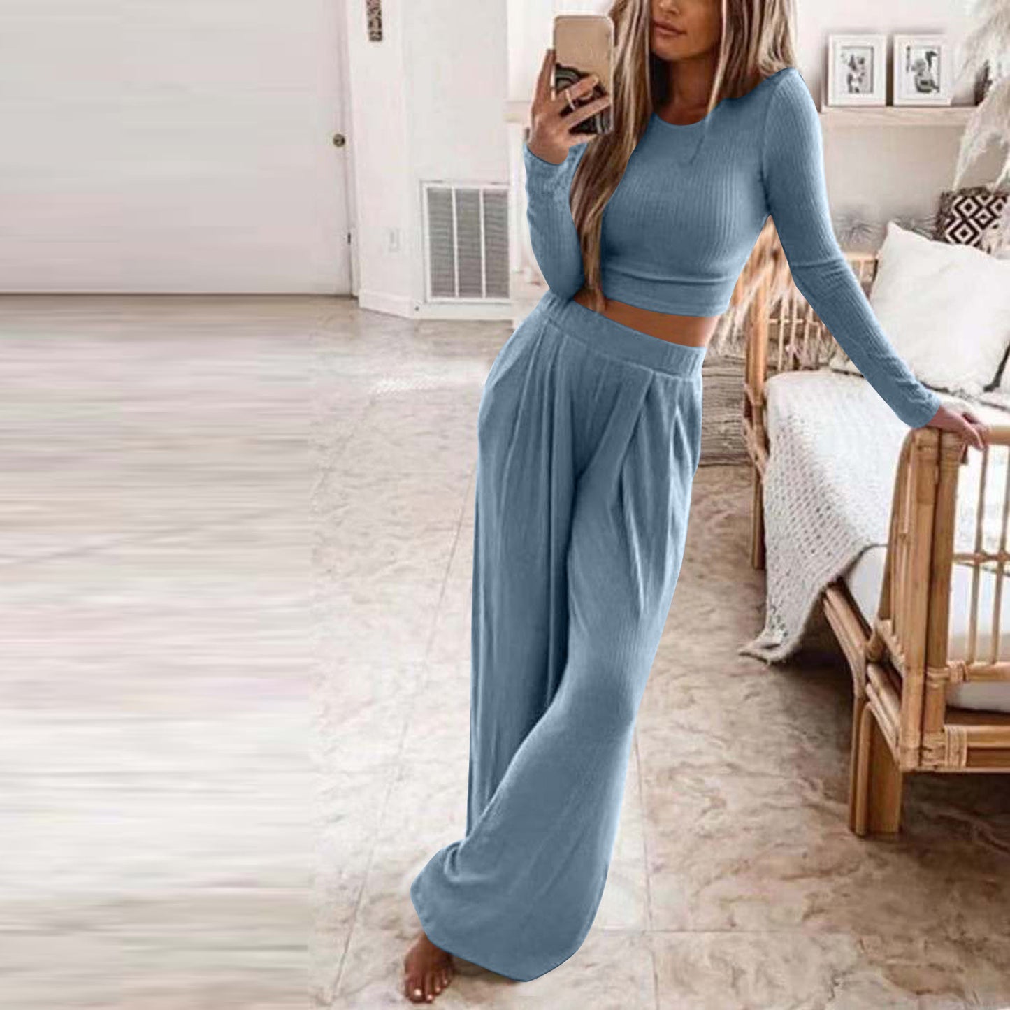 Damen Elegantes Lounge-Set mit langärmeligem Oberteil und weiten Hosen Stalluxe