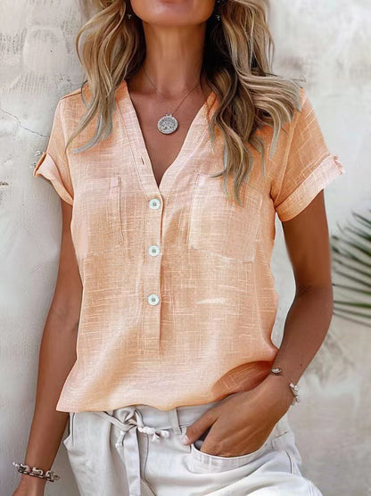 Damen Kurzarm Leinenbluse mit Knopfdetails Stalluxe