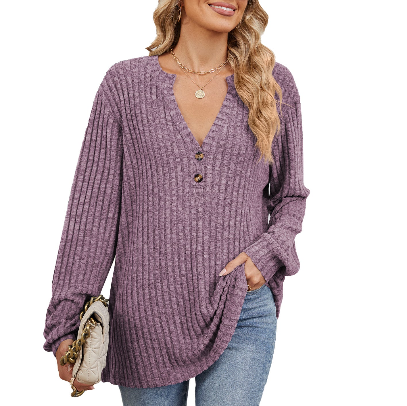 Damen Langarmshirt mit strukturiertem V-Ausschnitt und Knopfdetails Stalluxe
