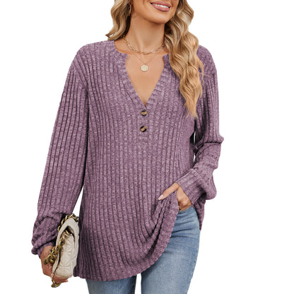 Damen Langarmshirt mit strukturiertem V-Ausschnitt und Knopfdetails Stalluxe