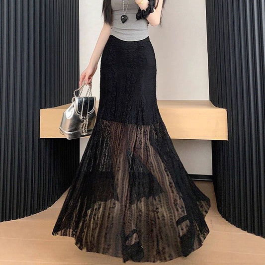 Damen Eleganter Maxi-Rock mit transparenter Spitze und Falten Stalluxe