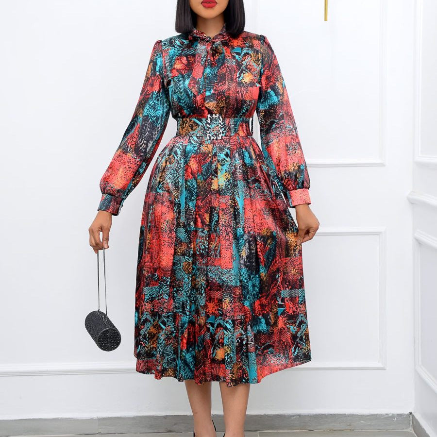 Damen Maxikleid mit elegantem Schluppenkragen und tailliertem Gürtel Stalluxe