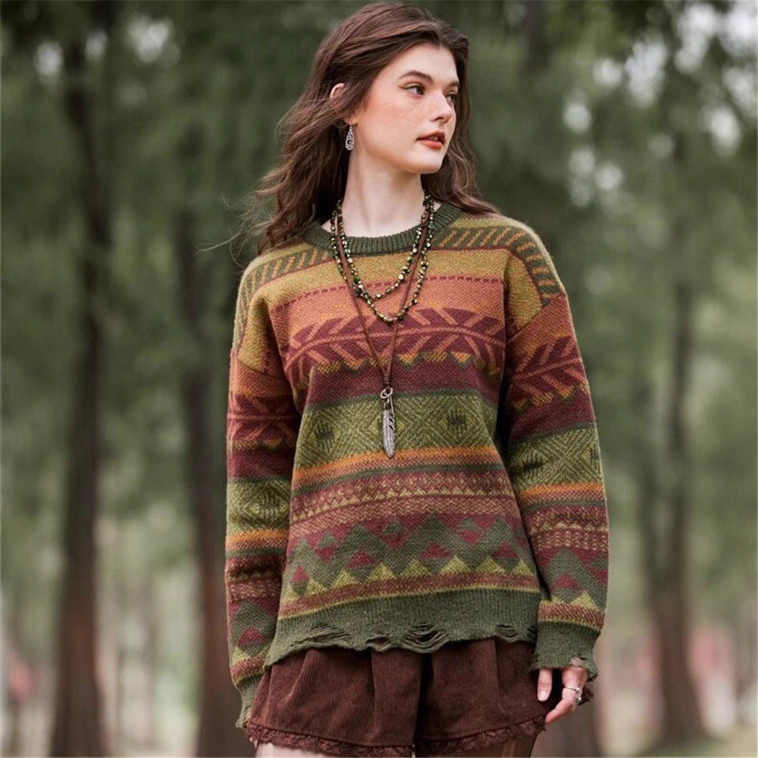 Damen Gemusterter Pullover im Boho-Stil mit fransigem Saum Stalluxe