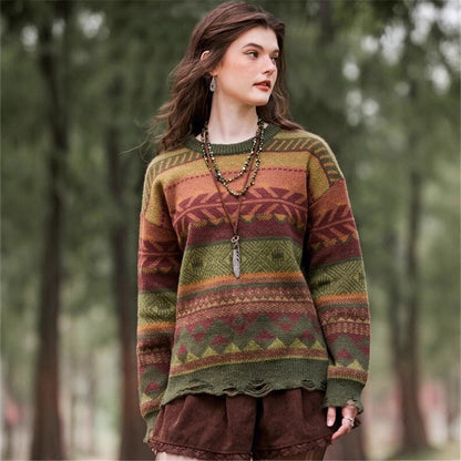 Damen Gemusterter Pullover im Boho-Stil mit fransigem Saum Stalluxe