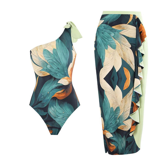 Damen Einteiler Badeanzug mit asymmetrischem Design und elegantem Wickelrock Stalluxe
