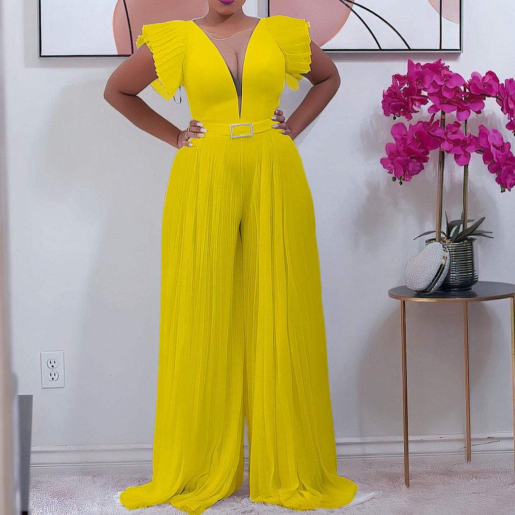 Damen Plissierter Jumpsuit mit tiefem V-Ausschnitt und tailliertem Gürtel Stalluxe Gelb