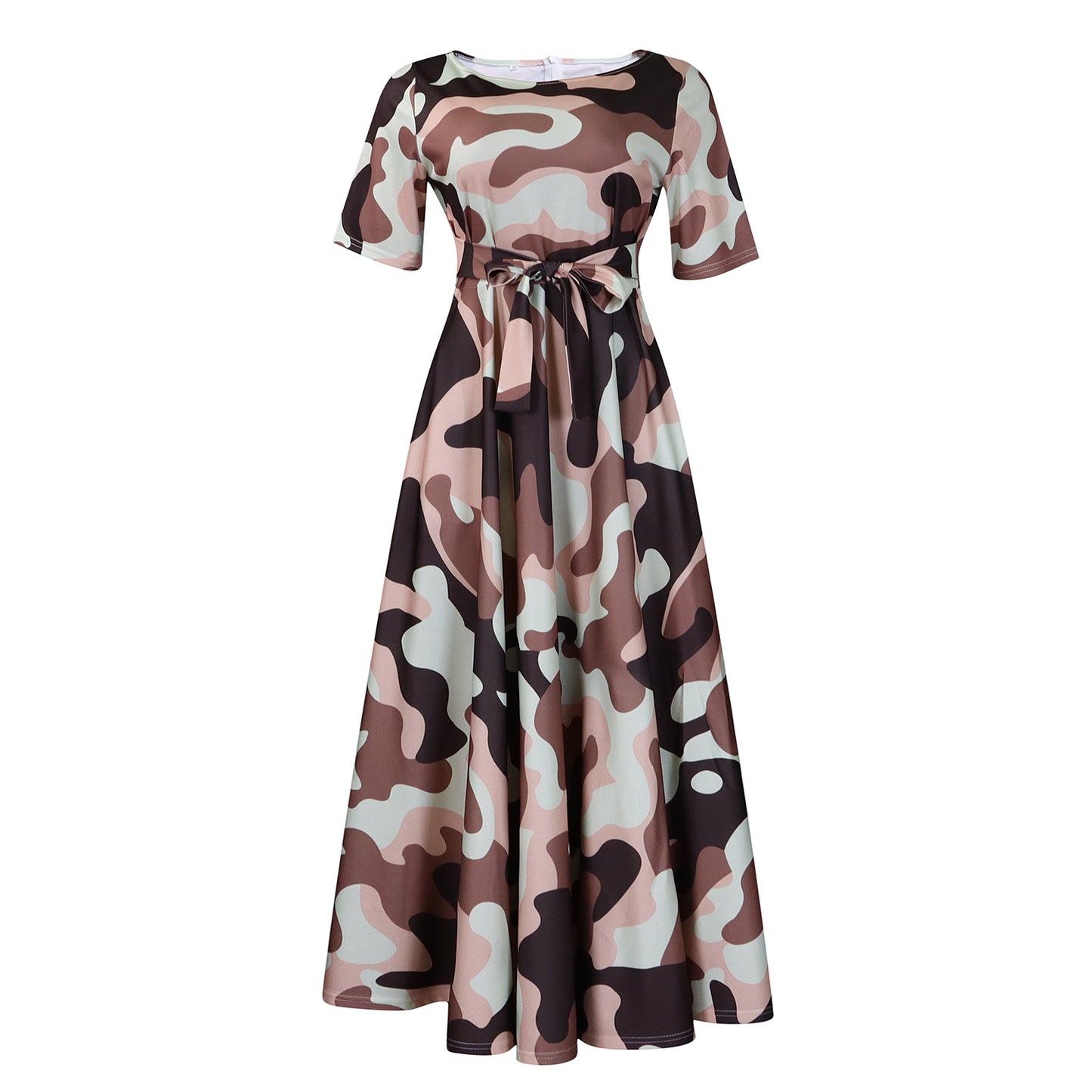 Damen Maxikleid mit modischem Grafikdruck und tailliertem Gürtel Stalluxe