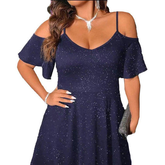 Damen verspieltes Kurzarmkleid mit offener Schulter und schimmerndem Detail Stalluxe