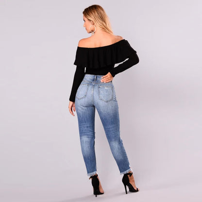 Damen High-Waist Jeans im modernen Destroyed-Look mit angesagtem fransigen Saum Stalluxe