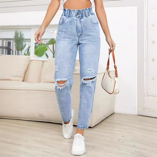 Damen High-Waist Jeans mit lässigen Rissen und elastischem Bund Stalluxe