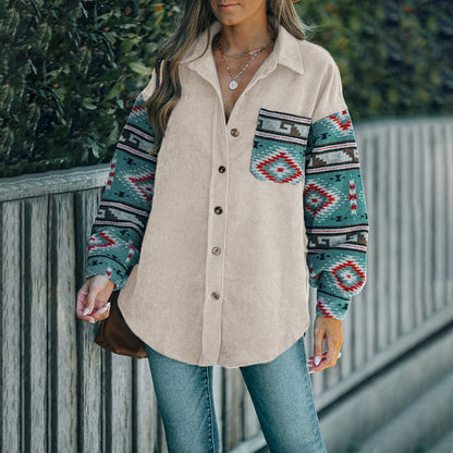 Damen Cord-Oberhemd mit farbenfrohen, bedruckten Ärmeln und Brusttasche Stalluxe