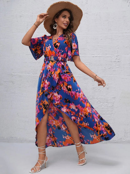 Damen Elegantes Maxikleid mit floralem Druck und Gürtel Stalluxe