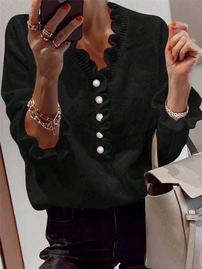 Damen Bluse mit Rüschensaum und dekorativen Knöpfen Stalluxe