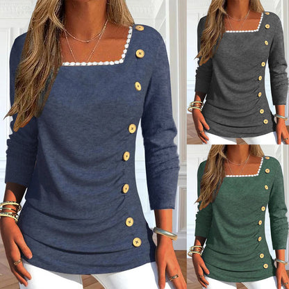 Damen Langarmshirt mit quadratischem Ausschnitt und dekorativen Knopfdetails Stalluxe
