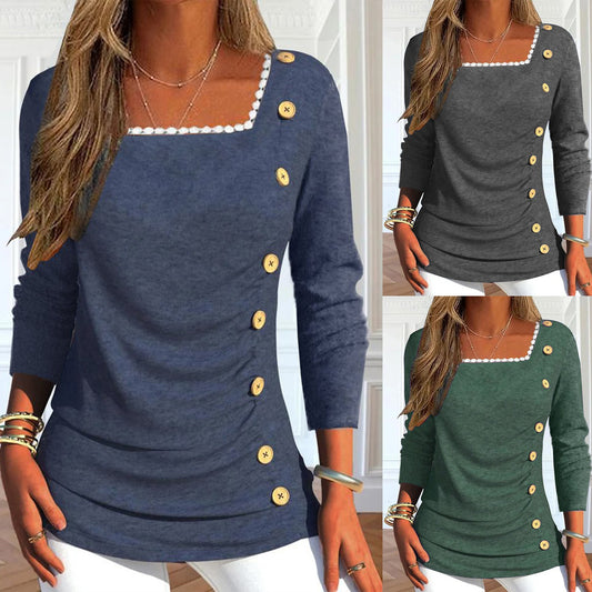 Damen Langarmshirt mit quadratischem Ausschnitt und dekorativen Knopfdetails Stalluxe
