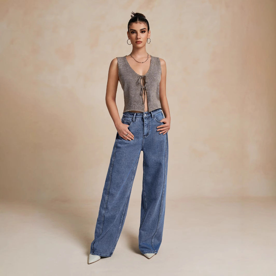 Damen Weit geschnittene Denim-Hose mit hohem Bund und modischen Nähten Stalluxe