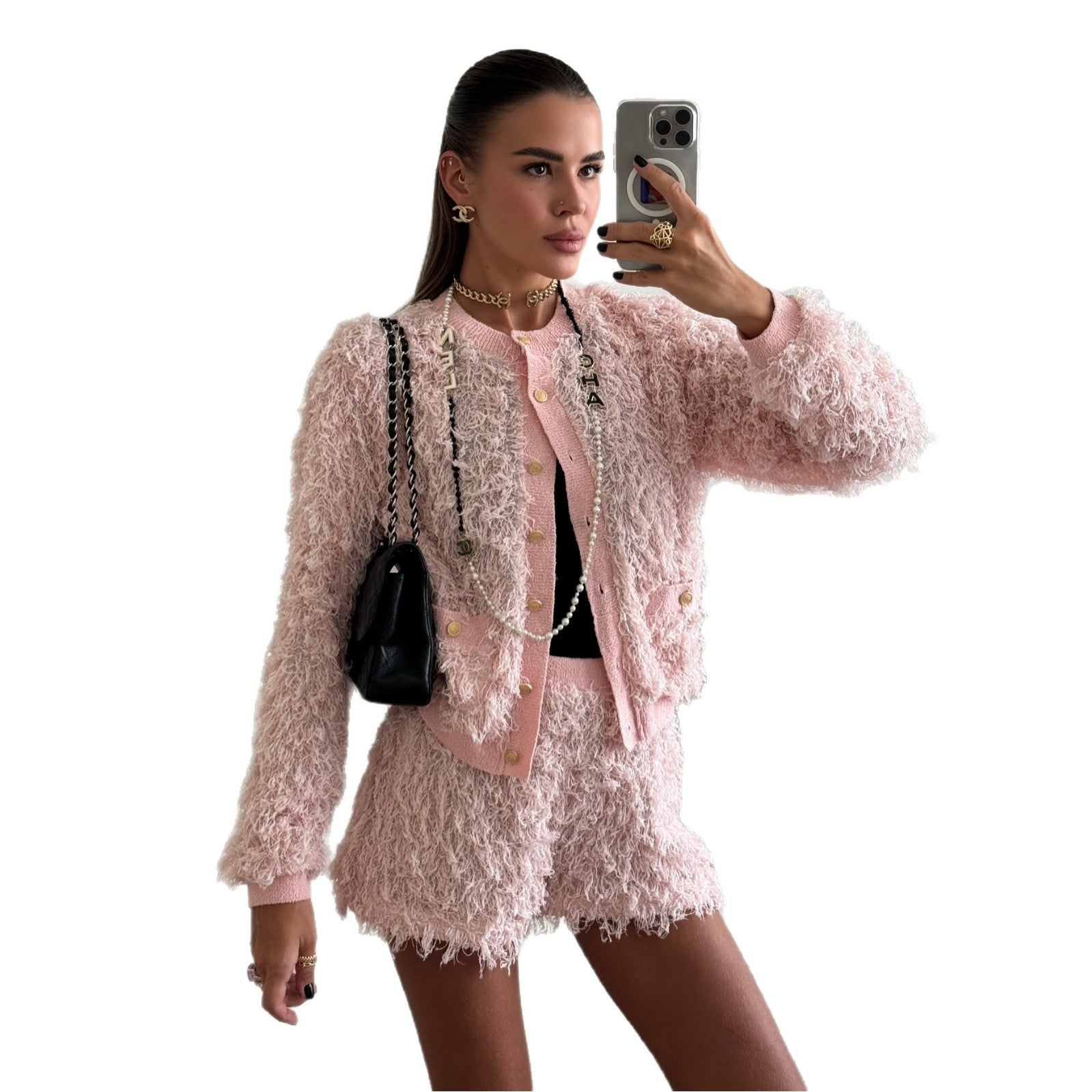 Damen Modisches Strick-Set mit fransigen Details und eleganten Knöpfen Stalluxe