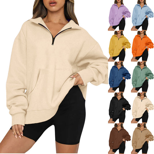 Damen Oversized Sweatshirt mit halbem Reißverschluss und Kapuze Stalluxe