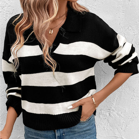 Damen Strickpullover mit V-Ausschnitt und Streifenmuster Stalluxe
