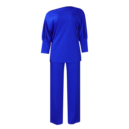 Damen Elegantes Outfitset mit schickem One-Shoulder-Oberteil und weitem Hosen Stalluxe Blau