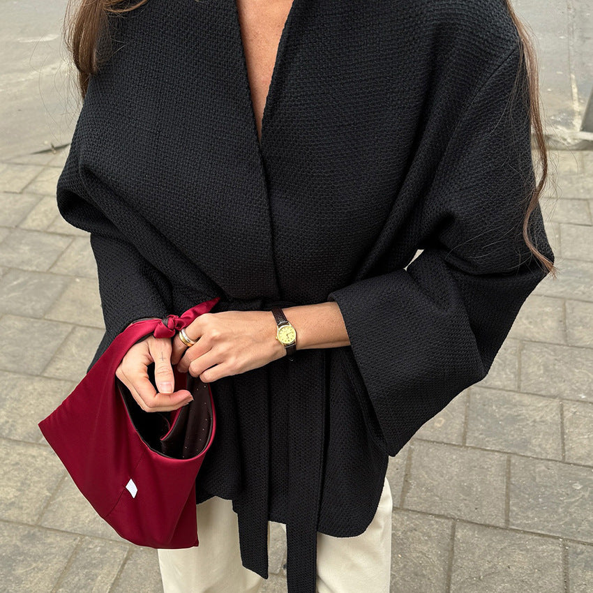 Damen lässige Waffelstoffjacke mit Taillengürtel Stalluxe