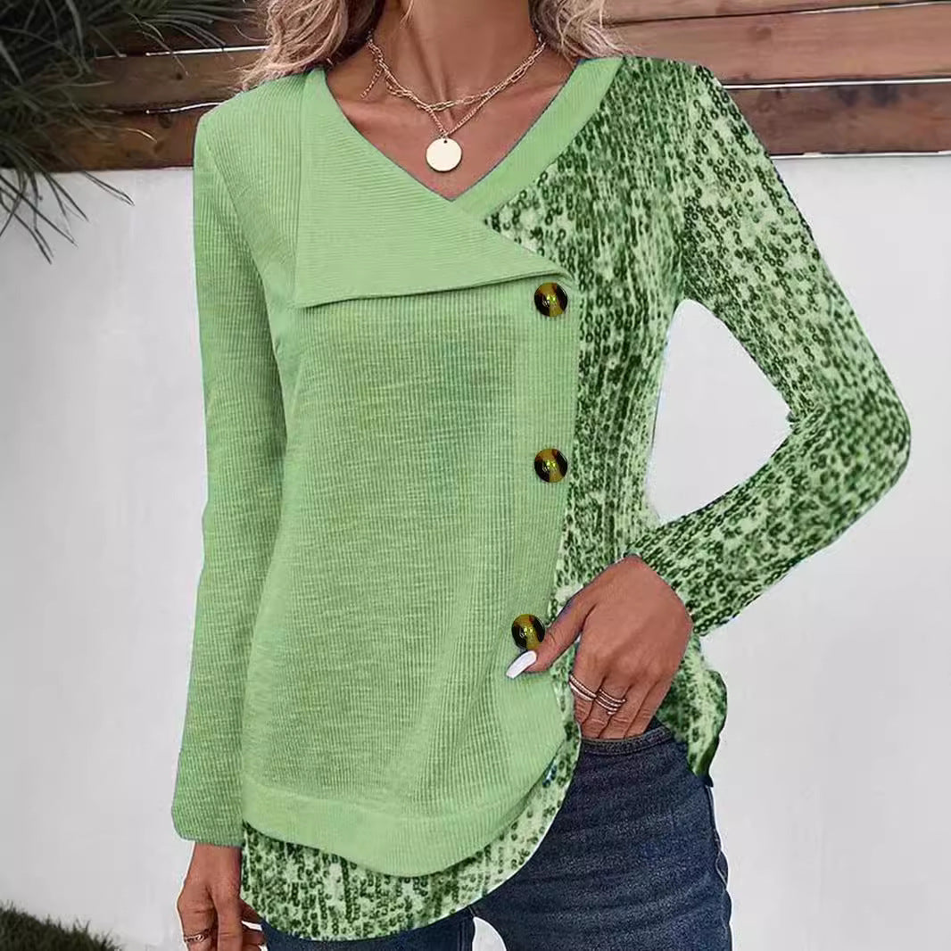 Damen Modisches Langarmshirt mit asymmetrischem Kragen und dekorativen Knopfdetails Stalluxe