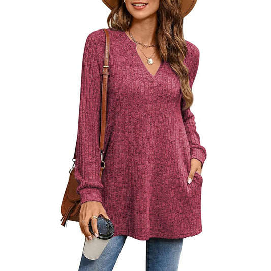 Women's Ribbed V-Neck Tunic Sweater Stalluxe