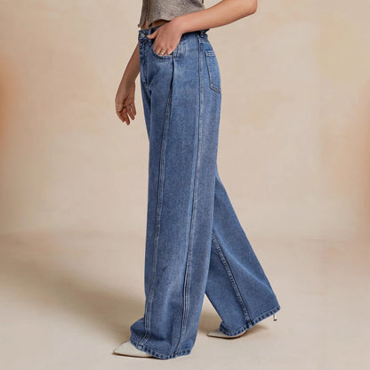 Damen Weit geschnittene Denim-Hose mit hohem Bund und modischen Nähten Stalluxe