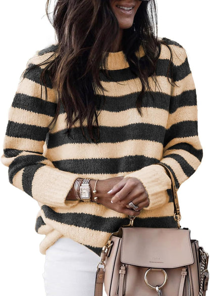 Damen lässiger Strickpullover mit breiten Querstreifen Stalluxe