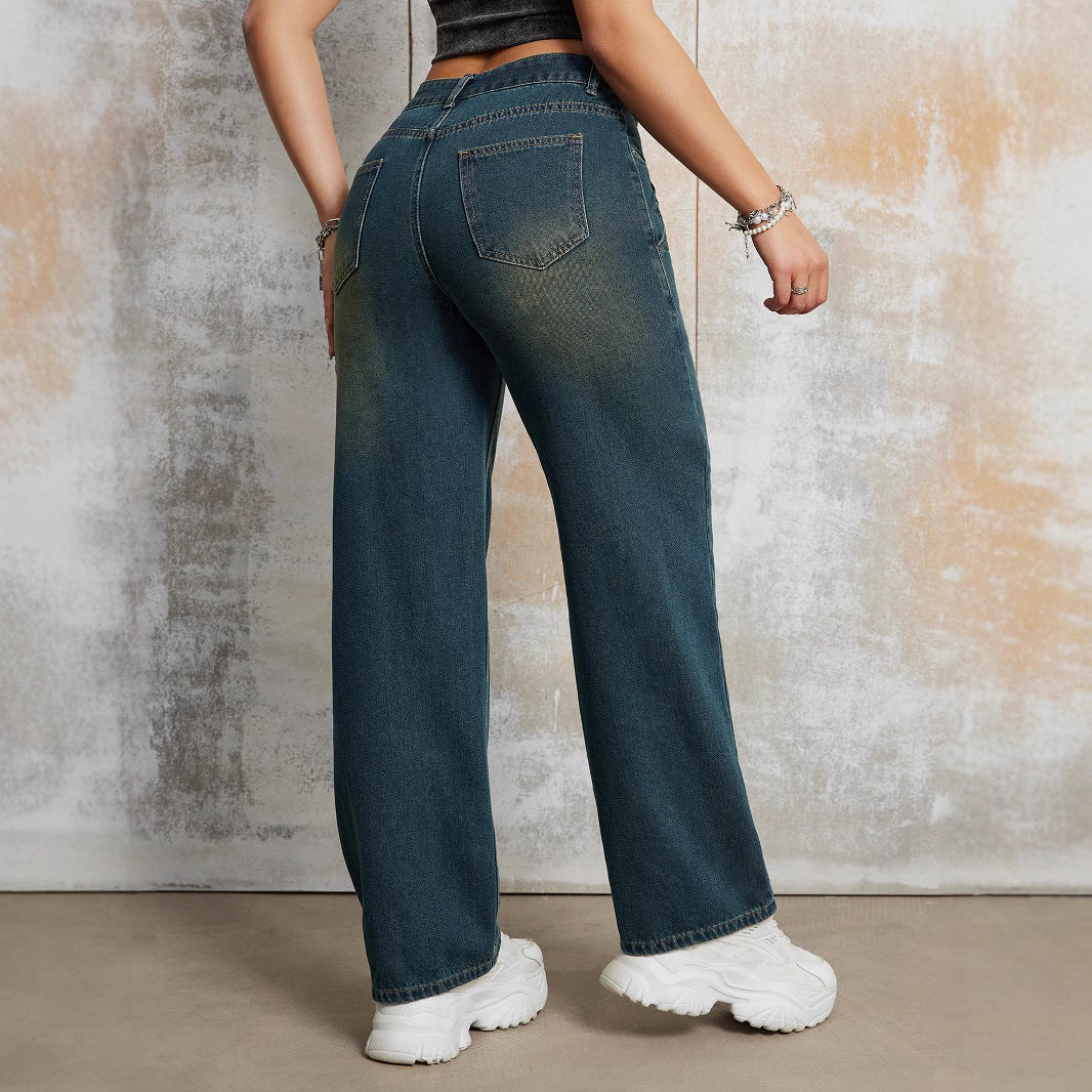 Damen weite Jeanshose mit modischem Distressed-Effekt und hoher Taille Stalluxe