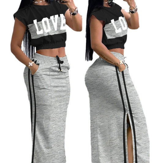 Damen Sportliches Zweiteiliges Set mit crop Oberteil und langem Rock mit Schlitz Stalluxe