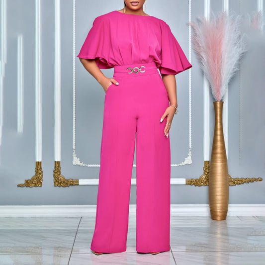 Damen Eleganter Jumpsuit mit weitem Bein und dekorativem Gürtel Stalluxe