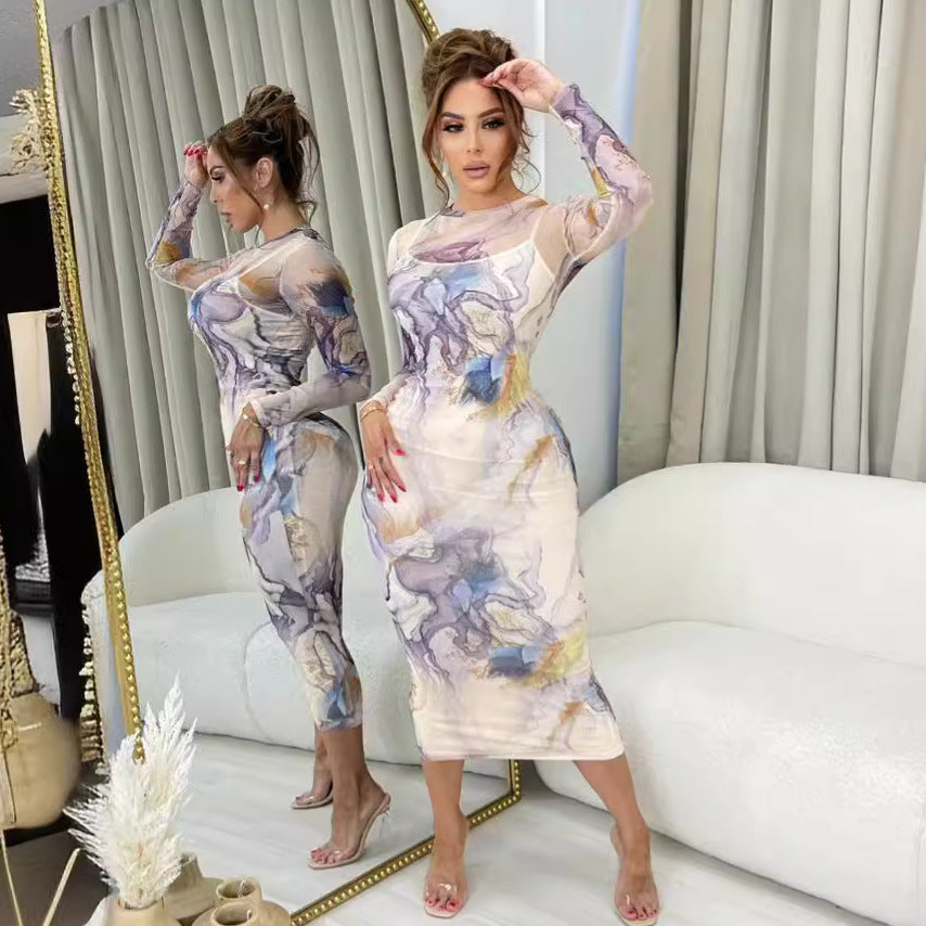 Damen Midikleid mit elegantem floralem Druck und transparentem Obermaterial Stalluxe