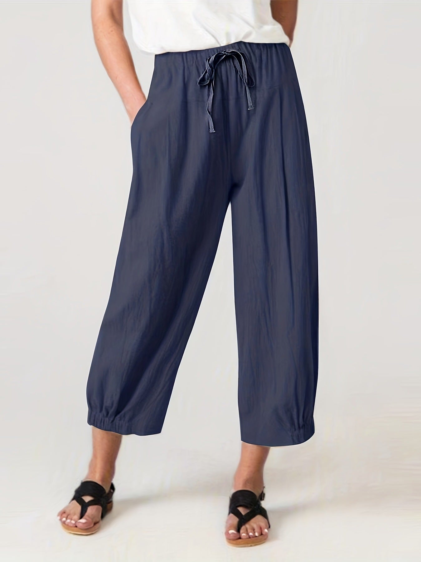 Damen weite Leinenhose mit elastischem Bund und praktischen Taschen Stalluxe