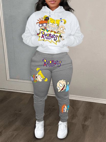 Damen Hoodie und Jogginghose Set mit farbenfrohen Cartoon-Motiven Stalluxe