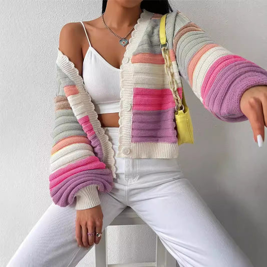 Damen Strickjacke mit modernem Streifenmuster und voluminösen Ärmeln Stalluxe