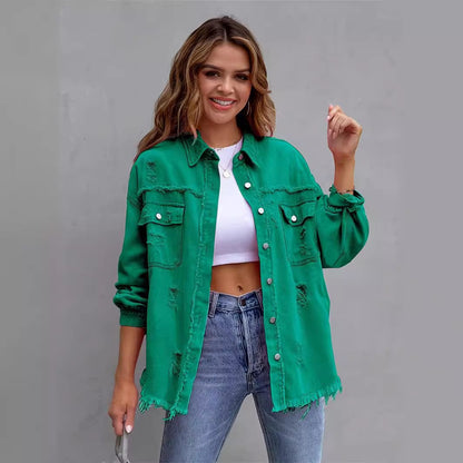 Damen oversized Jeansjacke mit fransigen Säumen und aufgesetzten Taschen Stalluxe