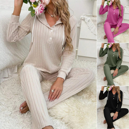 Damen Gemütlicher Strickanzug mit Kapuze und Knopfleiste Stalluxe