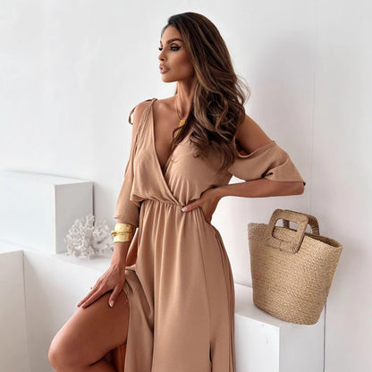 Damen Maxikleid mit schulterfreier Optik und elegantem V-Ausschnitt Stalluxe