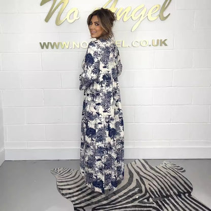 Damen lässiges Maxikleid mit dekorativem Print und langem Ärmel Stalluxe