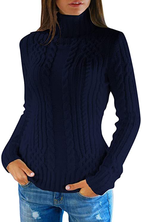 Damen Pullover mit hohem Kragen und Zopfmuster Stalluxe Blau