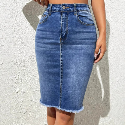 Damen Jeansrock im figurbetonten Schnitt mit fransigem Saum Stalluxe
