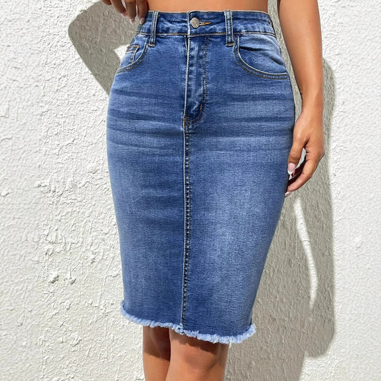Damen Jeansrock im figurbetonten Schnitt mit fransigem Saum Stalluxe